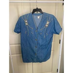 Liebe vintage denim button up beaded shirt